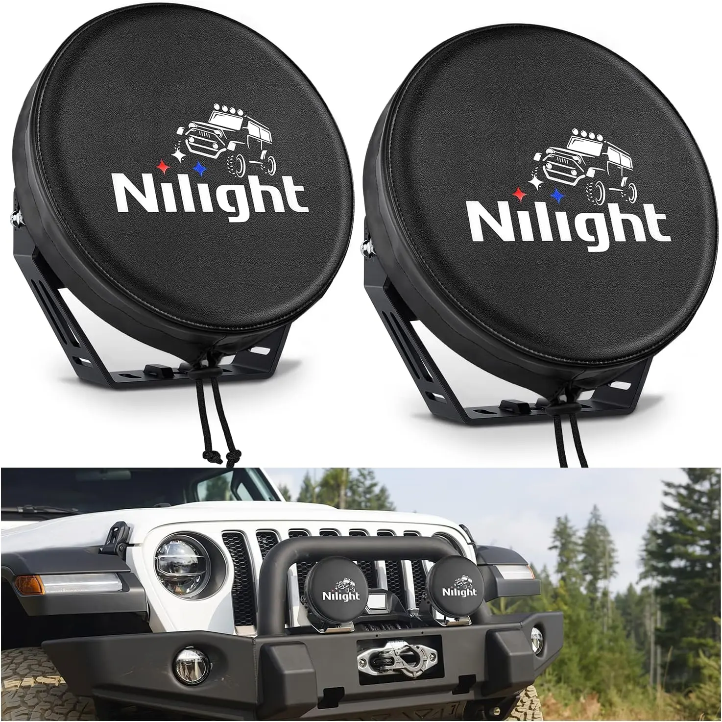 Nilight 9-In Round Offroad Driving Pod Light Cover 15024sr-b - 9.25-In Black Waterproof Leather Scratch-Resistant Drawstring Protector, for Jeep Truck Auxiliary Ditch Fog Bumper Headlights, Car Light, Car Accessories, Accessories For Car