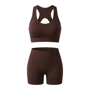 Seamless 2 Piece Yoga Set for Women, High Waist Butt Lifting Workout Shorts with Racerback Sports Bra, 4-Way Stretch Moisture Wicking Non See-Through Gym Outfit for Yoga, Running, Daily Wear.