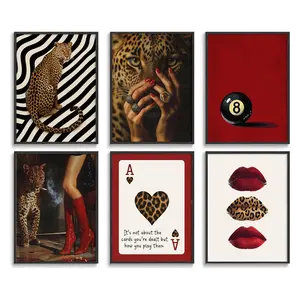 6pcs/set Framed Sexy Women and Leopards Leopard Printed Camouflage Print Design Red Boots Martini Cheers Fashion Poster Canvas Painting Print Wall Art for Living Room Home Decor