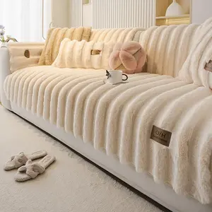 Luxury Faux Rabbit Fur Sofa Cushion, Plush Striped Sofa Cover, Non-Slip Single Piece, Super Soft Thick Material, Winter Warmth, Pet Friendly