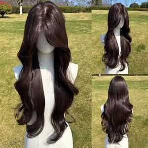 SMILCO 28Inch Brown Low Density Pre Cut 13x6 Free Part Long Curly Layer Cutted Glueless Natural Hairline 100% Futura Fiber Synthetic Lace Front Wig SM9406