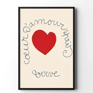Comme L’Amour Amour Love Poster – Minimalist Heart Wall Art with Red Heart & Handwritten Typography, Modern Romantic Art Print for Bedroom, Living Room & Gift Decor