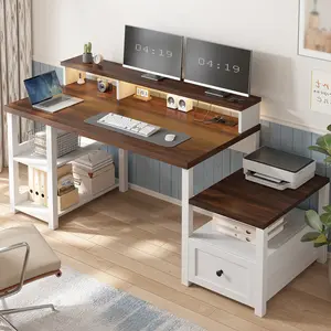 【dealsforyoudays】Raybee 63'' Gaming Desk with Monitor Stand Computer desk with 3 Shelves & 2 AC 125V/12A Power Outlets 2 USB for Home Office & Bedroom,Modern Farmhouse Decor,Easy Assemble,Gaming Equipment with LED