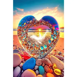 1PCS Diamond Painting Kit Heart Shape with Colorful Stones Sunset Beach Scene DIY Craft Home Decor Gift