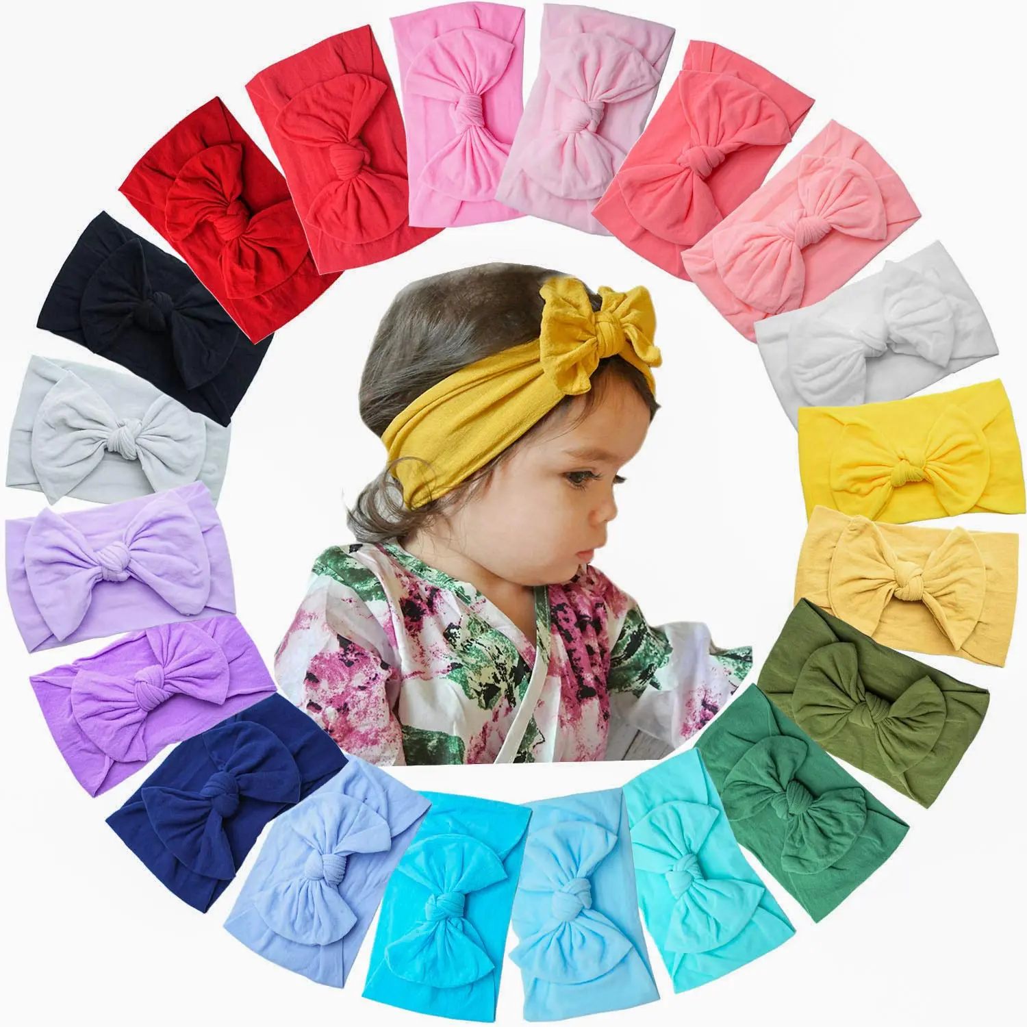 20 Colors Super Stretchy Soft Knot Baby Girl Headbands with Hair Bows Nylon Head Wrap For Newborn Baby Girls Infants Toddlers Kids