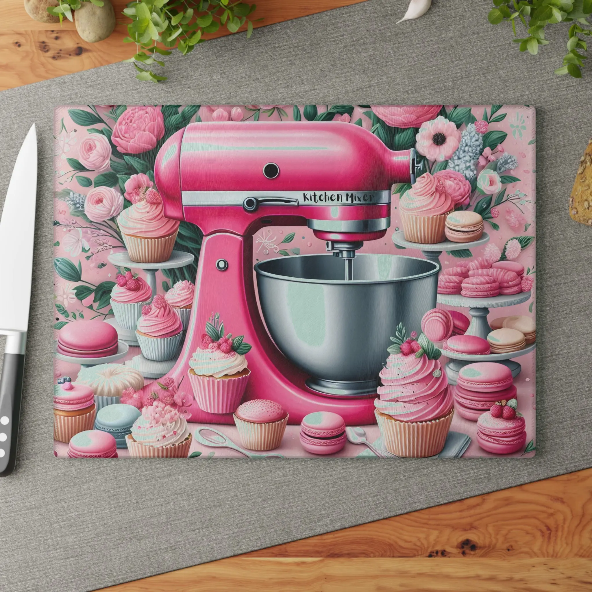 Pink Kitchen Mixer Cutting Board – Whimsical Baking Charm for Your Kitchen