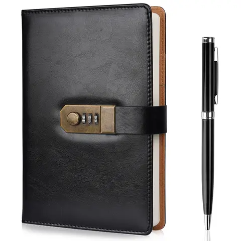 Nicpro Password Lock A5 Notebook - Soft PU Cover, 10x7 in Note Taking Organizer, 130 Sheets/260 Pages, Built-in Pockets, Included Metal Ballpoint Pen, Vintage Change Code Journal for Students, Office Stationery Supplies