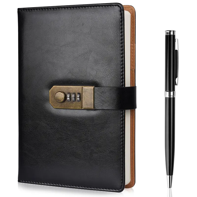 Nicpro Password Lock A5 Notebook - Soft PU Cover, 10x7 in Note Taking Organizer, 130 Sheets/260 Pages, Built-in Pockets, Included Metal Ballpoint Pen, Vintage Change Code Journal for Students, Office Stationery Supplies