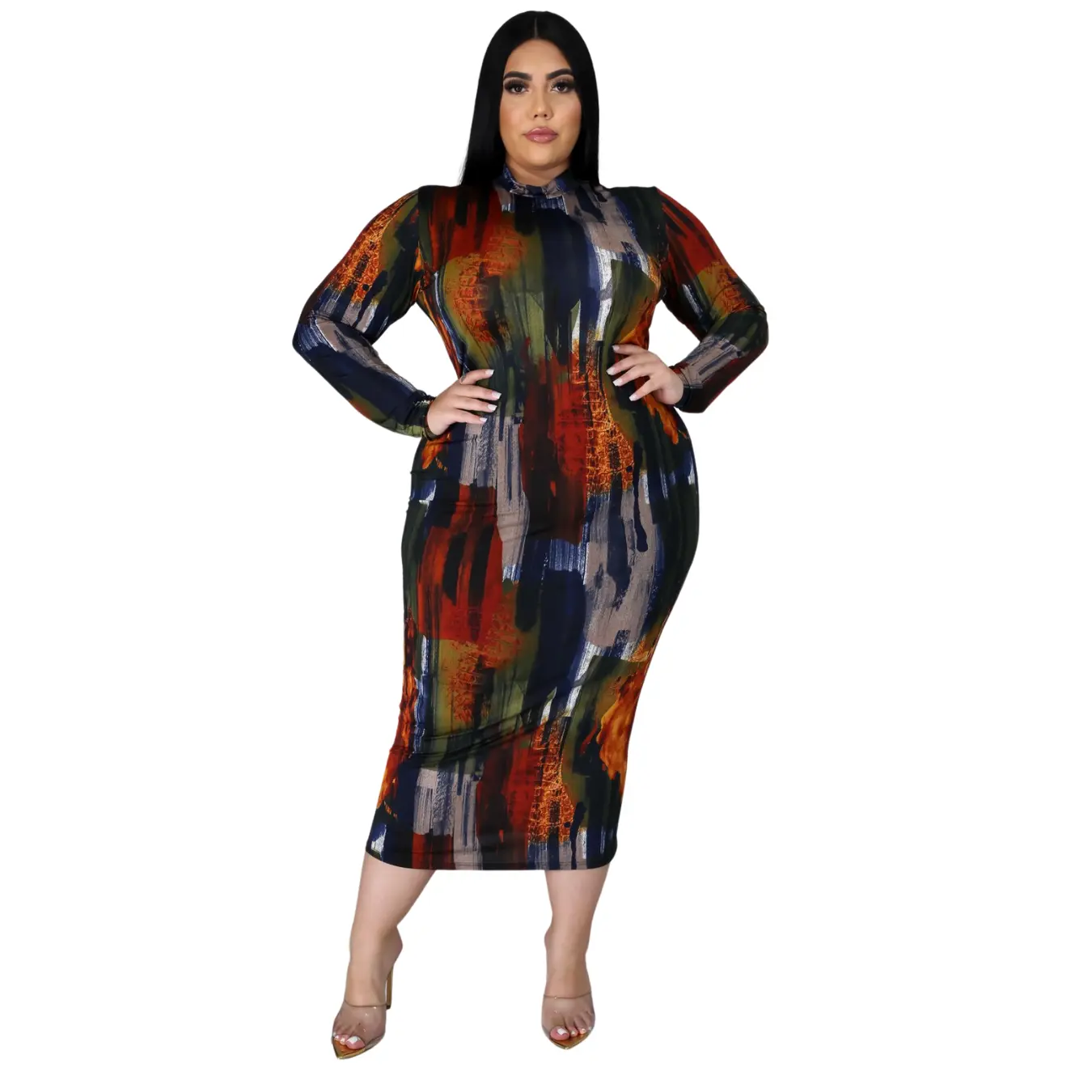 Brooklyn Snatched Long Sleeve Midi Dress - Curve Plus Size Womenswear Comfortable Stretchy Dinner Going out Day Fit Zipper Fall Winter Dresses