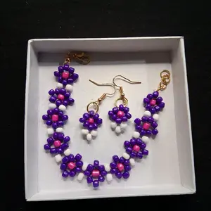 Beaded Flower Bracelet and Earrings Set - Purple, Pink, and White Beads