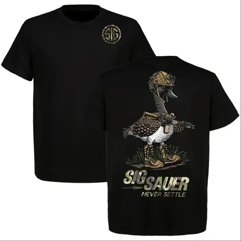"Never Settle" Pure Cotton T-Shirt - The Perfect Choice for Sig Sauer Fans; Military-Style, Darkly Humorous Tactical Gear; Full-Color Print.,summervibes