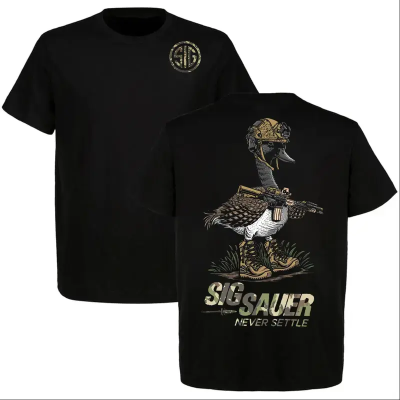 "Never Settle" Pure Cotton Short-Sleeve Round Neck Apparel - Sig Sauer Fans' Casual Streetwear, Military-Style Darkly Humorous Tactical Sports Top, Full-Color Print Summervibes, Shortsleeve, Tshirt, Clothes, Menswear, T-Shirt, Casual Crewneck Tshirt, Mens
