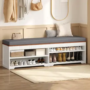 Sikaic 60" Farmhouse 2-Tier Storage Bench with Drawer, Entryway Bench & End of Bed, Lift-Top Storage Chest, Cushion, Adjustable Shelf for Entryway, Bedroom, Living Room, White