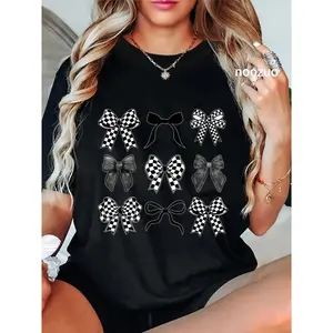 100% Cotton Coquette Bow Checkered Flag Race Car Racing Women Cute T-Shirt