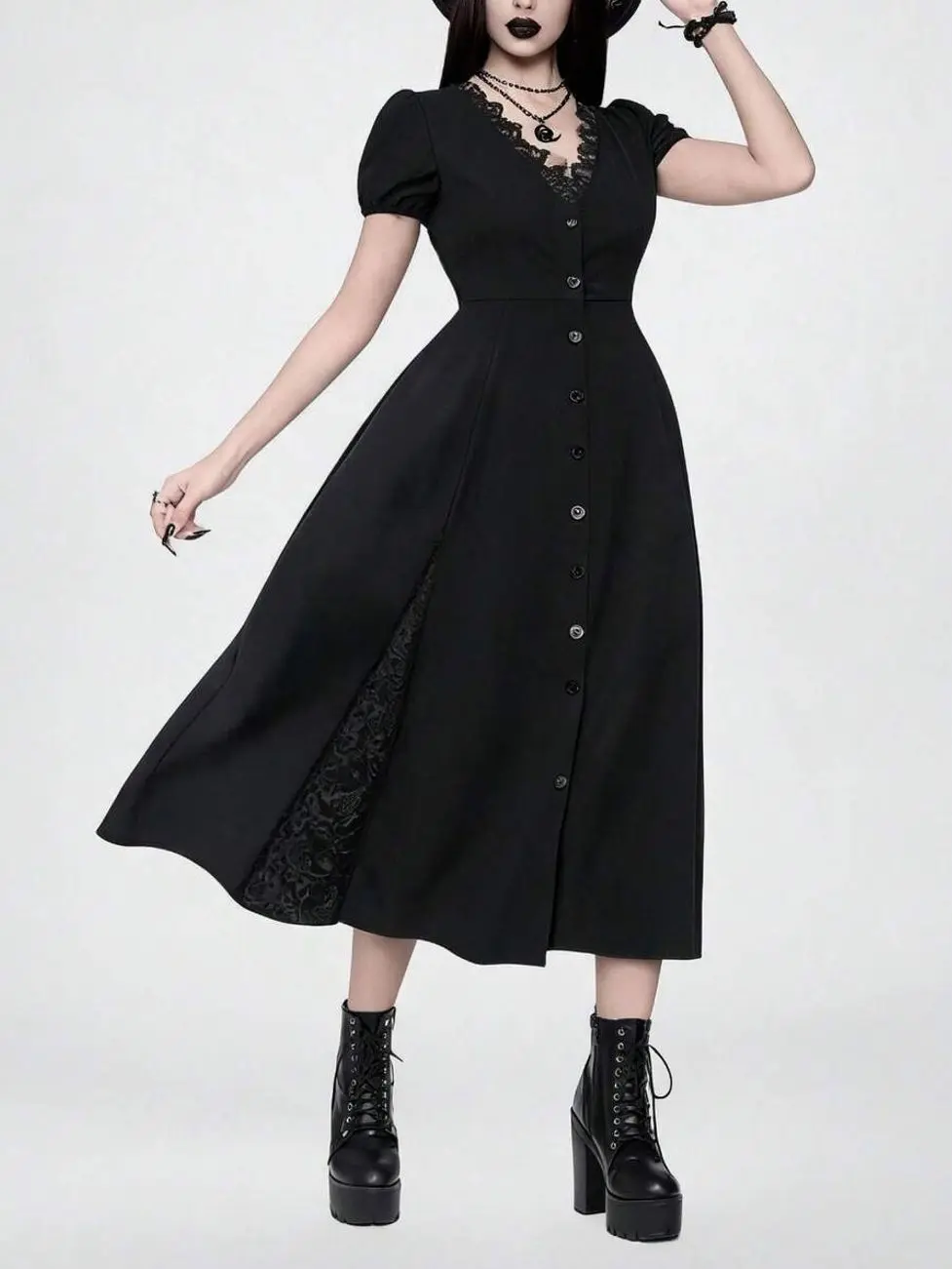 Women's Gothic Contrast Lace Fitted A-Line Long Dress, Elegant Sleeveless Maxi Dress, Summer Dark Aesthetic Party Vacation Casual Outfit