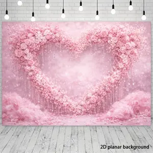 Romantic Pink Heart Floral Backdrop with Hollow-Out Roses & Crystal Pendants - Suitable for Weddings Proposals Birthdays - Fluffy Gauze Drapes for Photo Wall Decor Wedding Banner Engagement Party Decoration - No Power Required Indoor/Outdoor