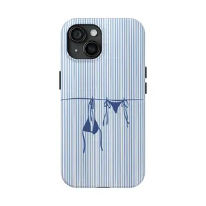 Cute Blue Striped Bikini Phone Case, Summer Vibes Premium Film 2 in 1 Phone Case - Durable, Shock Absorbing and Stylish Protection - Compatible with iPhone 17, 16, 15, 14, 13, 12, 11, Plus, Pro, Pro Max, Perfect birthday gift for friends.