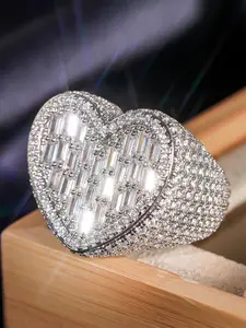 Romantic Heart Zircon Ring for Women, Zirconia Inlaid Heart, Wedding Engagement Anniversary Party Accessory Gift, Casual Style Copper Chain Design