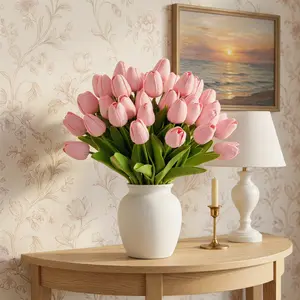 Realistic Touch Pink Faux Tulip Bouquet - 16 Stems, 33 cm Decorative Flowers Plants Ornaments, Soft Vase Filler, Spring Gift for Bedroom, Entryway Table Decor