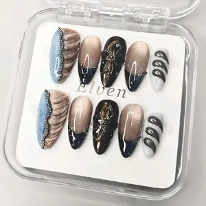 Metallic Blue & Bronze Cat Eye With Black French Tips Almond Press On Nails