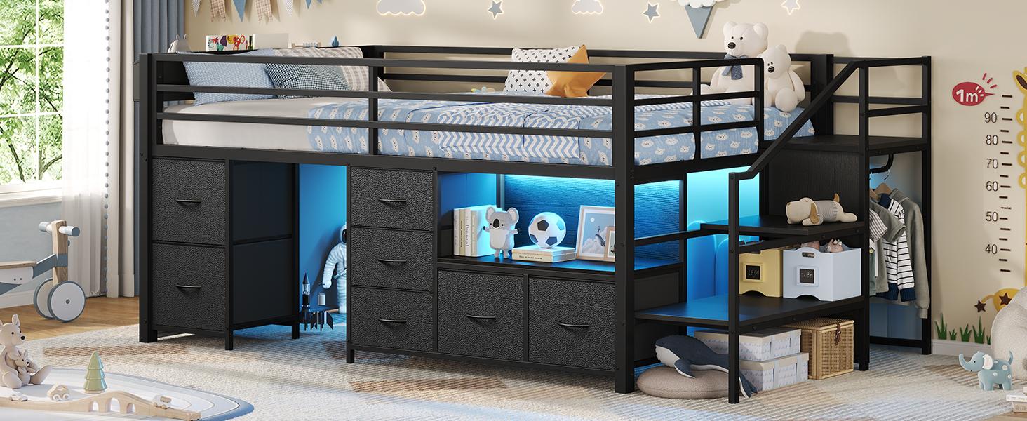 Sikaic Twin Low Loft Bed with Stairs, 7 Storage Drawers, Bookcase & LED Lights, Metal Loft Bed with 14" High Safety Guardrail, Inclined Ladder and Play Curtain, Under-Bed Play Space, Black, Home Furniture, Dorm Essentials [tiktokshopbacktoschool]