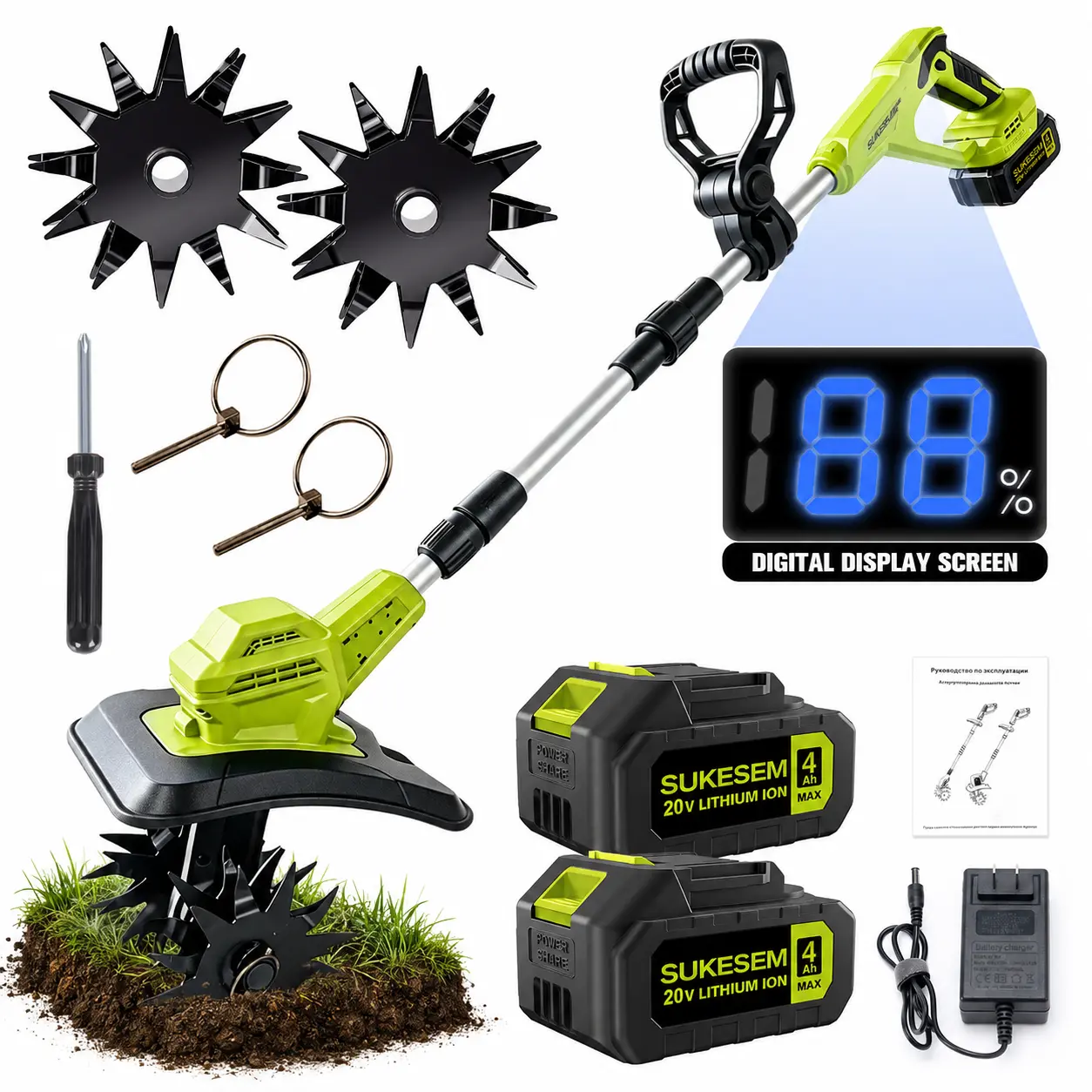 SUKESEM 20V Cordless Lithium Ion Garden Tiller with Battery Charger, 9in Depth, Digital Display, Steel Tines, Adjustable Handle for Soil Digging, Lawn Aeration, Lawn Care & Gardening