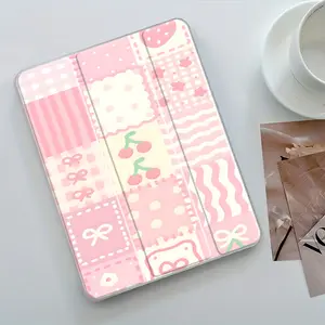 Y2K Kawaii Pink Patchwork iPad Case,Tri-Fold Stand Case for iPad,Transparent Acrylic Hard Back,Pencil and Charger Slots,Cherry & Bow Design,Slim Fit Y2K Girly Aesthetic for iPad 10.2inch, Mini, Pro, Air, Ideal for Work and School