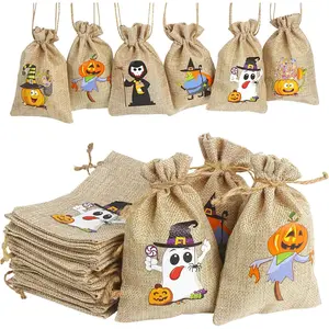 24 Pack Halloween Burlap Gift Bags with Drawstring Small Jute Pouches for Kids Adults Party Supplies