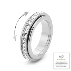 ROTUNOE Anxiety Spinner Ring for Women & Men, Titanium Steel Fidget Band with Cubic Zirconia, Stress Relief Rotating Ring, Comfort Fit Promise Wedding Ring, Anti Anxiety Jewelry Size 5-12