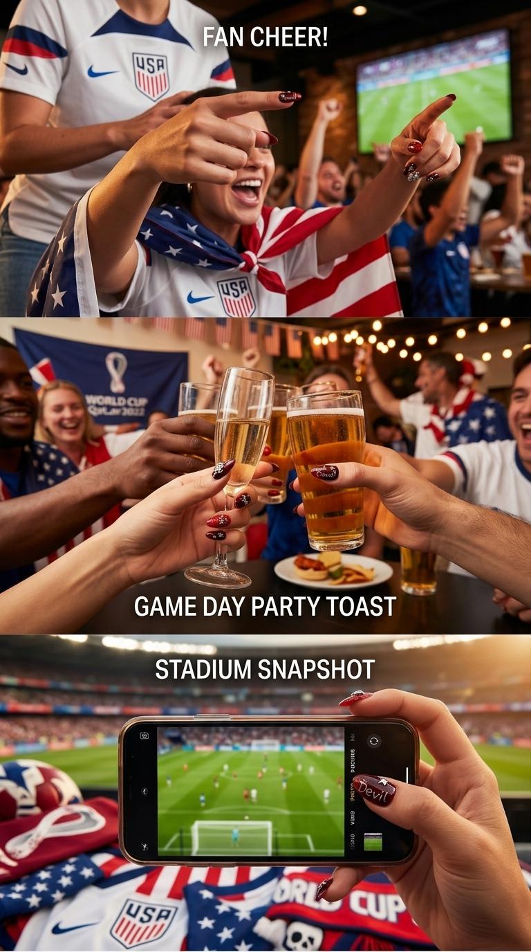 USA 250th & World Cup Dual Theme Press On Nails, Red Blue Star Stripes Fake Nails, Devil Angel Style Sporty Nails for Football Fans