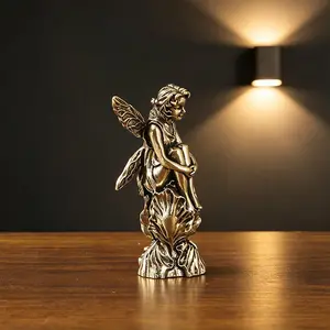 Brass Fairy Sculpture Small Ornament, Home Decor Item, Elf Fairy Statue Craft, Elegant Brass Art Piece for Living Room Decoration
