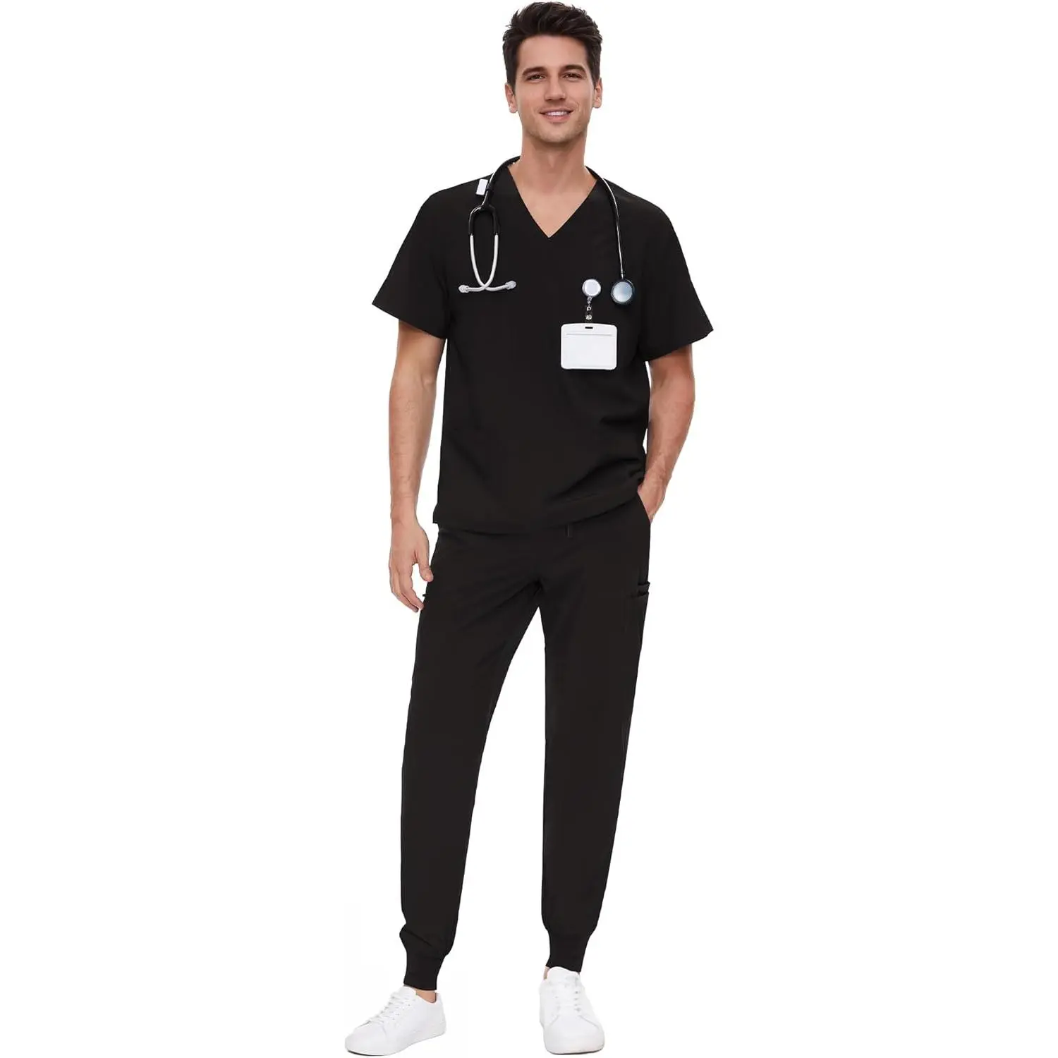 Scrubs for Men - 4 Pockets V-Neck Scrub Top and 7 Pockets Jogger Pants Mens Scrubs Set(Gift)