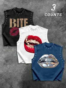 3-Pack Men's Street Style Rivet Lip Print Sleeveless Tank Tops, Loose Breathable Summer Fitness Wear, Casual Usa Fashion Streetwear
