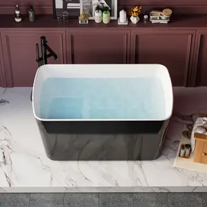 49"x28" Japanese Soaking Tub – Glossy Black  | Acrylic Freestanding Bath | Sit-In Design with Chrome Drain & Overflow