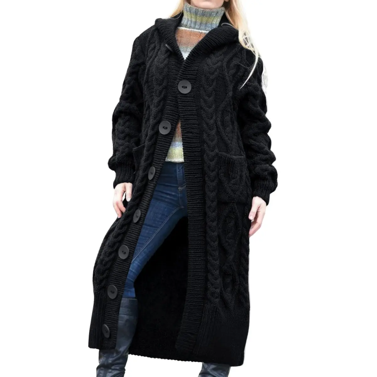 EBOSSY Long Hooded Cardigan Coatigan for Women Casual Work & Travel, Polyester-Cotton Chunky Cable Knit, Oversized Plus Size Knee-Length Duster with Hood, Big Buttons & Front Pockets, Fall Winter