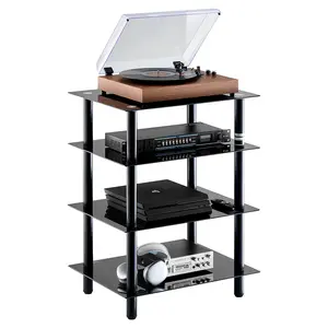 VEVOR 4-Tier AV Media Stand, Audio/Video Stand with Strengthened Tempered Glass Shevles for DVD/Cable Boxes/Games Consoles, Media Storage Cabinet for Gaming/Recording Room