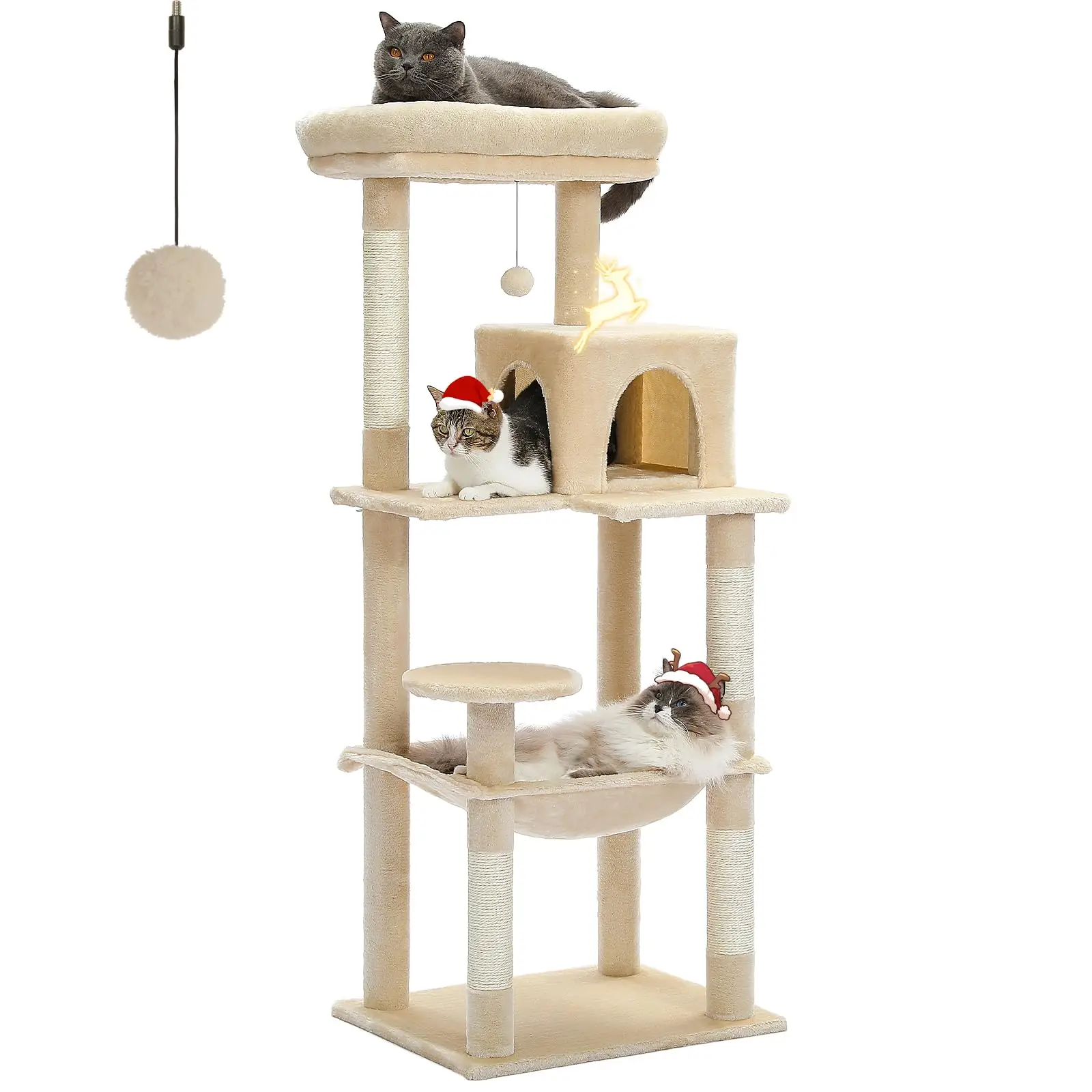 56.3'' Tall Cat Tree for Indoor Cats, Multi-Level Cat Tower with Super Large Hammock (20''X16''), Sisal Covered Scratching Posts, Cozy Condo and Top P