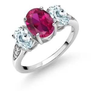 10K White Gold 3-Stone Oval Ring for Women | Gemstone Birthstone and Aquamarine and Lab Grown Diamond | 8X6MM 6X4MM | Wedding Anniversary Engagement Ring