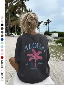 Women's Aloha Coconut Tree Print Round Neck T-Shirt, Casual Fashion Tee, Perfect for Daily Vacation Beach Outdoor Wear, Summer Women's Top
