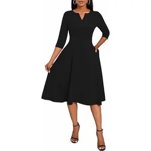 Flattering Slim Fit Flare Midi Dress |   Classic 3/4 Sleeve Design