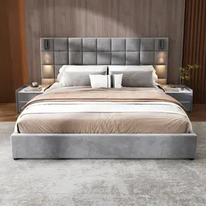 King Size Upholstered Platform Bed Frame,With Wall Sconce And USB Port, Wide Headboard, Velvet, Gray King Size Upholstered Platform Bed Frame,With Wall Sconce And USB Port, Wide Headboard, Velvet, Gray