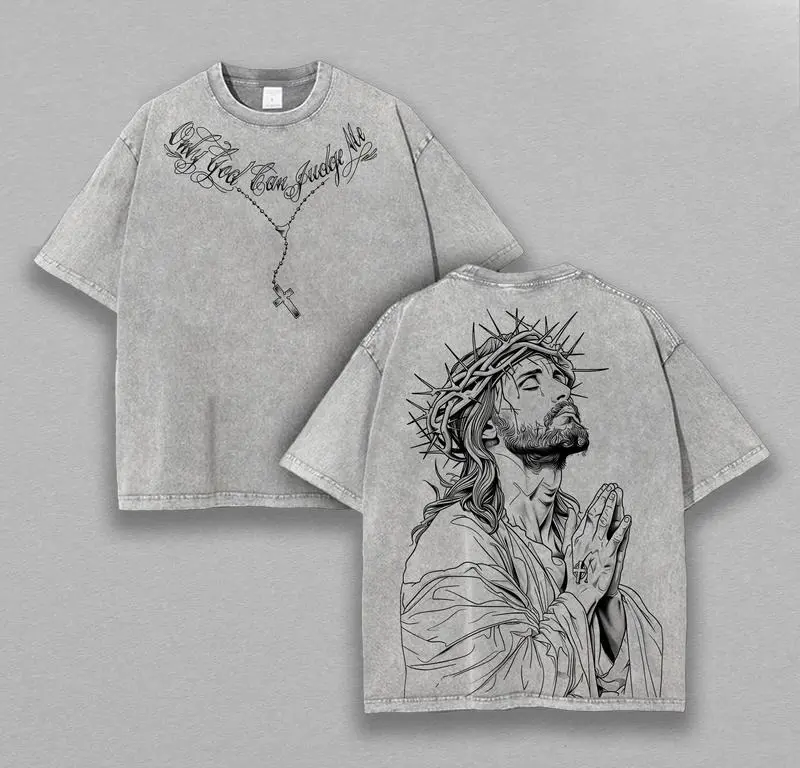Men's Christian Graphic T-Shirt, "Only God Can Judge Me" Oversized Washed Cotton Top, Classic Short Sleeve Streetwear Apparel, Tops, Shortsleeve, Seamless, Breathable, Fabric, Round Neck, Soft, Relaxed, Menswear