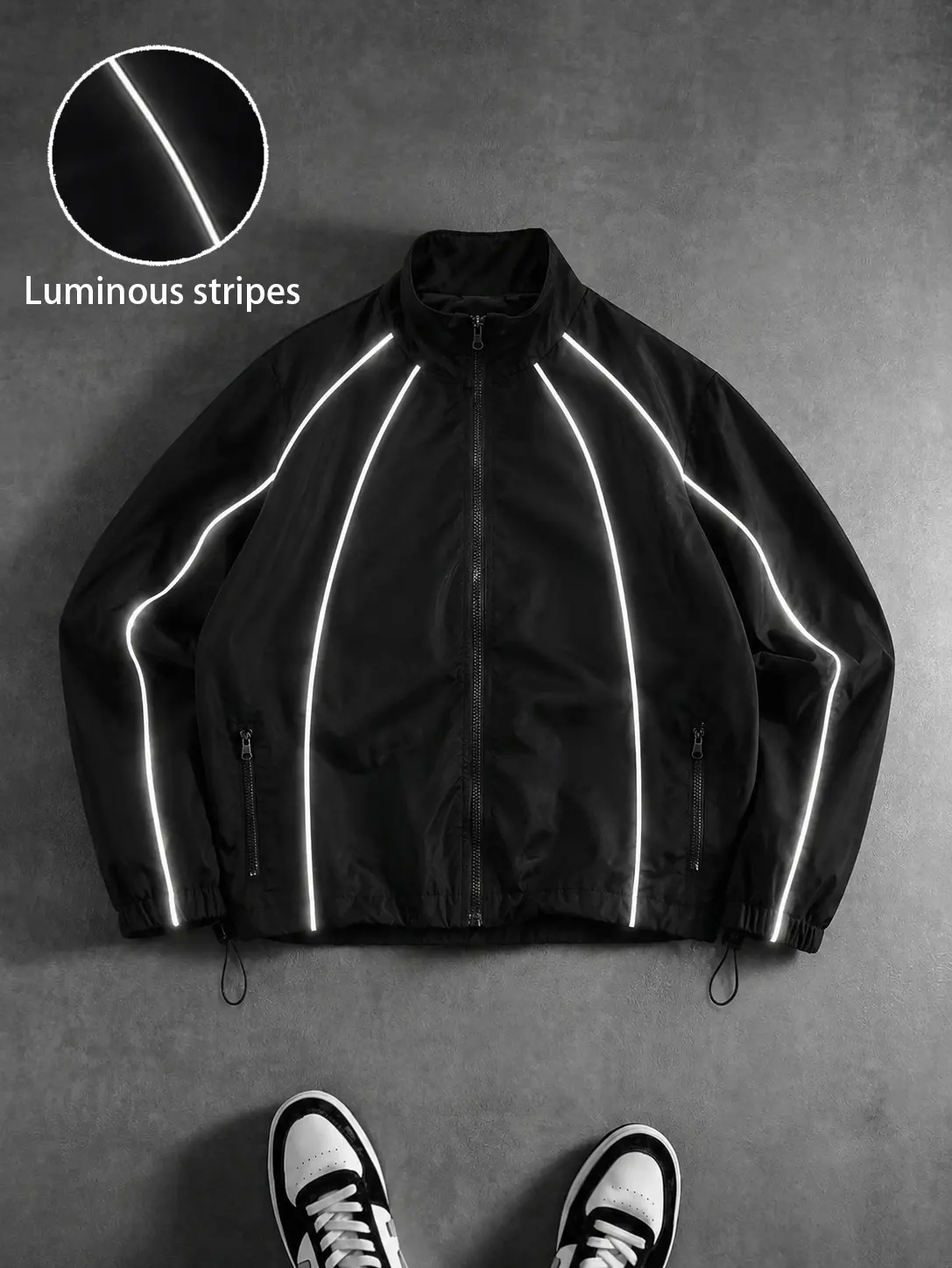 Men's Streetwear Track Jacket with Reflective Stripe - Lightweight, Waterproof & Fancy Zip-Up Windbreaker with Stand Collar, Cute