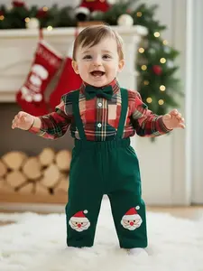 Ready Stock 2pcs Christmas Boys' Outfit, Plaid Lapel Long Sleeve Pocket Romper with Detachable Bow Tie + Santa Embroidered Suspender Overalls for Fall/Winter Casual Wear,As Gift 42507056