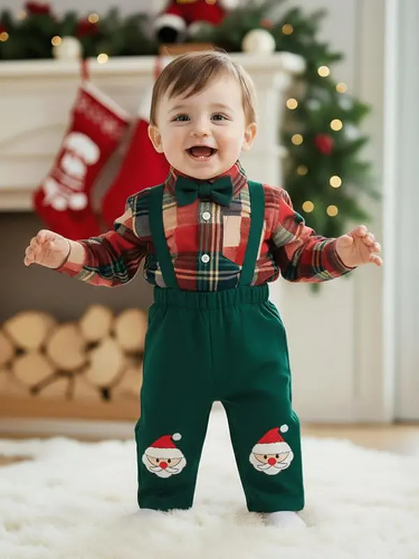 Ready Stock 2pcs Christmas Boys' Outfit, Plaid Lapel Long Sleeve Pocket Romper with Detachable Bow Tie + Santa Embroidered Suspender Overalls for Fall/Winter Casual Wear,As Gift 42507056