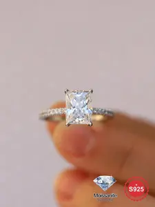 S925 Sterling Silver Synthetic Moissanite Rectangle Shaped Engagement Ring, Elegant Promise Wedding Engagement Ring, Fine Jewelry Anniversary Gift