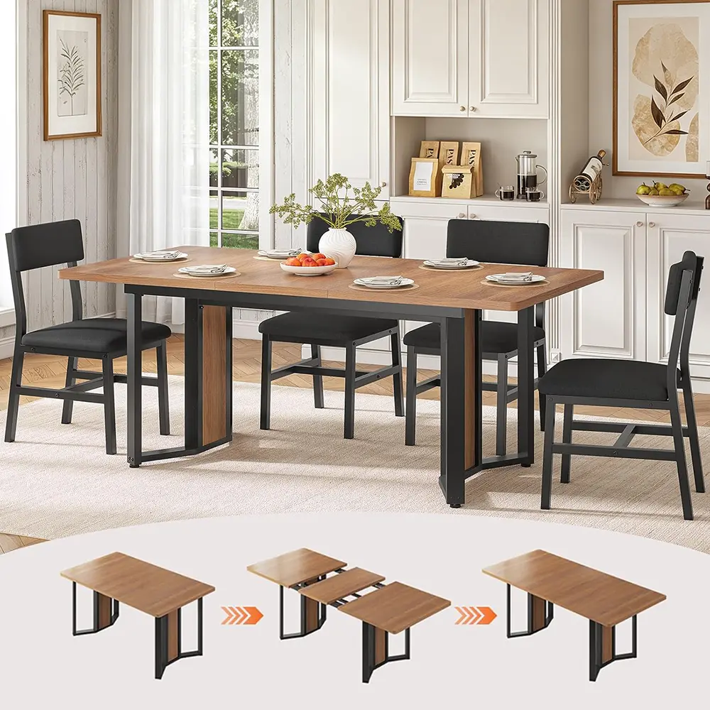 [TiktokShopStockUp] Sikaic 5-Piece Dining Table Set, 63" Extendable Kitchen Table with 4 Cushioned Chairs, Dining Room Table Set for 4-6 People, Modern MDF Tabletop with Metal Frame, Compact Furniture for Small Spaces, Brown