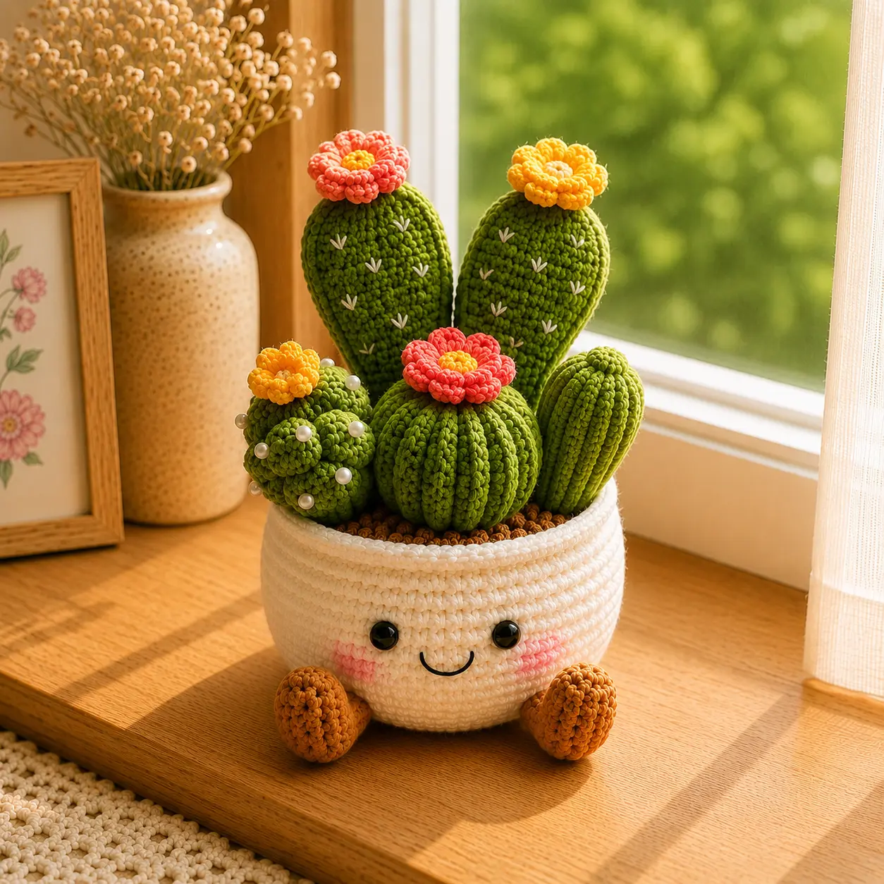 Handmade Crochet Cactus Plant – Cute Smiling Amigurumi Pot for Desk Decor & Gift