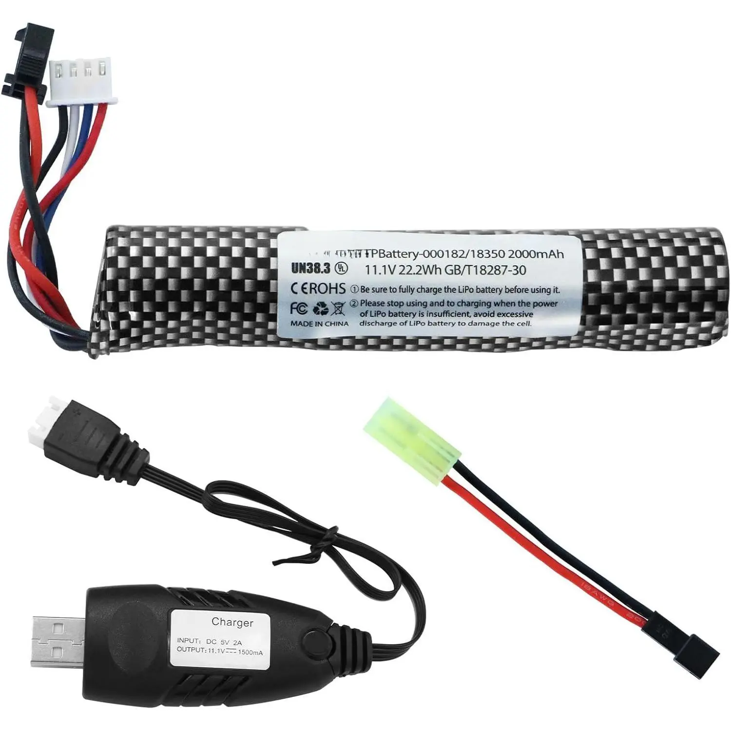 11.1V 2000mAh Rechargeable Battery for Airsoft Gel Blasters, Waterblaster - 1 Pack with Mini Tamiya to SM2P Plug Charger Cable for Replacement Use