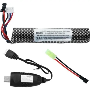 Airsoft Gel Blaster Battery - 11.1V 2000mAh Water Bead Splatter Ball Batteries with Mini Tamiya to SM2P Plug Rechargeable Charger Cable for Splat Ball Replacement - 1 Pack
